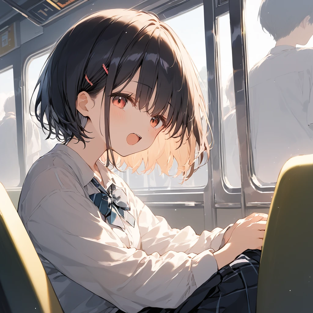 score_9, score_8_up, score_7_up, source_anime, best quality, masterpiece,ultra-detailed,official art, absurdres, highres, waifu2x, break,1girl, school girl, short hair, beautiful detailed eyes, sit, open mouth, (yawn:0.3), sleepily,night, train, break,(clear line illustration:1.2),very high resolution, very aesthetic, super detailed skin, Best sexual lighting powered by famous artist, 8k,ero picture,beauty illustration,photoshop_(medium),,(Detailed Lighting),