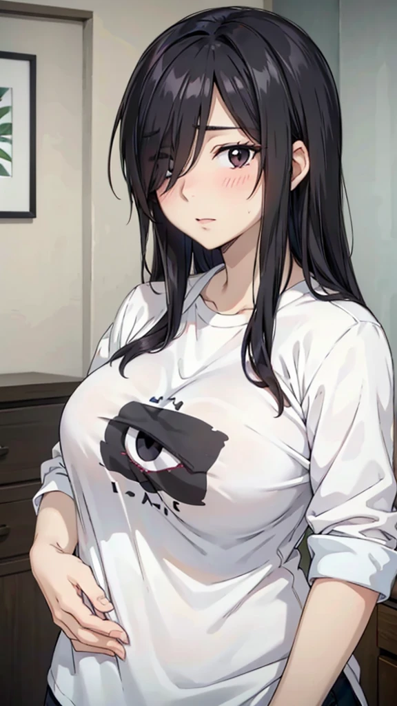 Cute mommy, mature women, realistic skin,perfect ,black hair, long hair, (hair over one eye:1.4), messy hair, hair between eyes, chubby, fat, breast, Sexy shirt ,cute shy blush on , bedroom