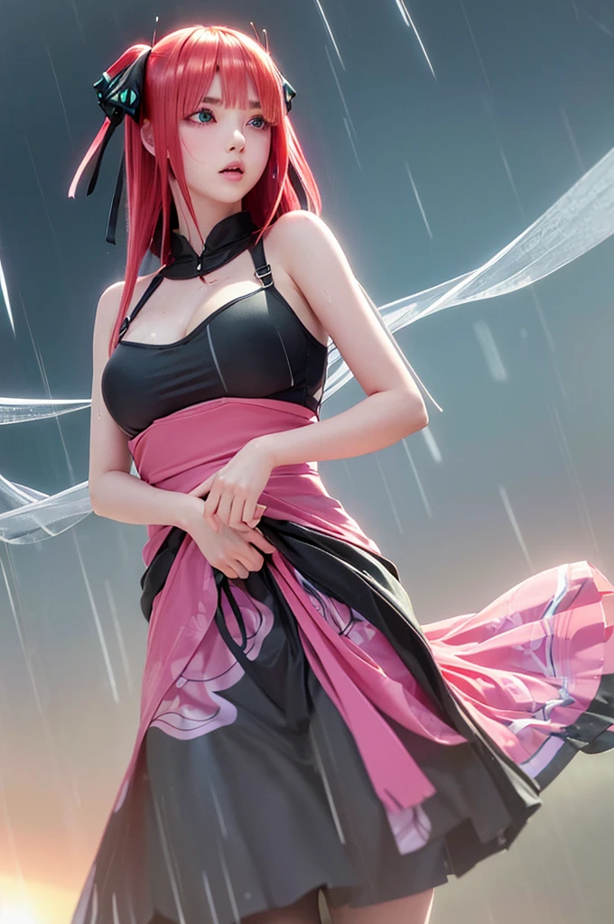 short hair, bangs, blue eyes, hair ornaments, Hair Ribbon, Pink Hair, blunt bangs, Both sides up, butterfly hair ornaments, skirt, No sleeve、、Random color see-through kunoichi costume、Japanese see-through female samurai costume、See-through female ninja costume,, Open clothes, Collared dress emphasizes cleavage、胸の谷間のSweat is noticeable,, 満開のcherry blossoms、cherry blossoms、Open-air bath、Outdoor、Professional lighting light reflection、 looking at viewer, (masterpiece:1.2), Highest quality, High resolution, unity 8k wallpaper, (figure:0.8), (Beautiful fine details:1.6), Highly detailed face, Perfect lighting, Highly detailed CG, (Perfect hands, Perfect Anatomy),heavy rain、heavy rainで全身びしょ濡れ、heavy rainで全身びしょ濡れの服、High heels、 ((Perfect handsの形))、(Perfect foot shape、Embarrassed expression blushing、、Gestures to seduce a man、Obscene pose、Shining Sweat、Perfect Skin,Sweat is noticeable、太もものSweat is noticeable、、 Fair skin,Tight waist, Sweating profusely、Sweaty hair、Sweaty clothes、Sweaty、Visible sweat、rain-wet hair