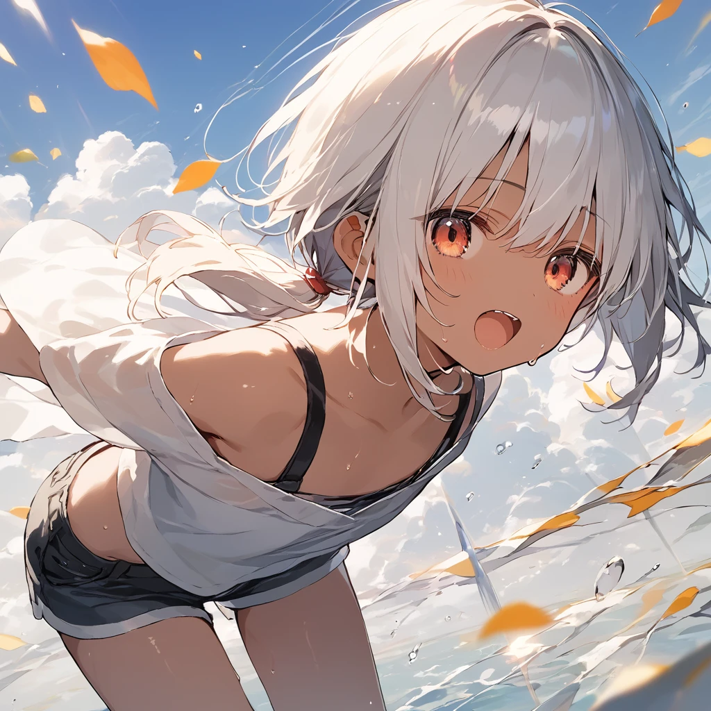 score_9, score_8_up, score_7_up, source_anime, best quality, masterpiece, official art, absurdres, highres, ultra-detailed,waifu2x,Collection: Slice of Life,break,1girl, tomboy, dark-skinned female, short hair, low ponytail, flat chest, beautiful detailed eyes, short shorts, sweat, open mouth, (yawn:0.3), sleepily, outdoors, wind, break,(clear line illustration:1.2),very high resolution, very aesthetic, super detailed skin, Best sexual lighting powered by famous artist, 8k,cute picture,beauty illustration,photoshop_(medium),,(Detailed Lighting),best anime 8k konachan wallpaper, pixiv contest winner,
