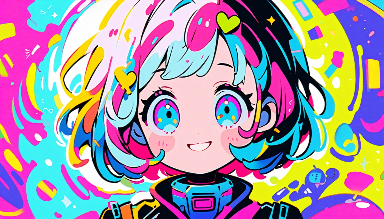 Vibrant art,pop、bright、colorful, 1 female, Light blue hair,　short hair、Happy,cute, animation style, kawaii, clearly, colorful cyberpunk, bubblegum pop, cute、Pink and light blue as main colors、I&#39;m cheering loudly、　Headphonesをしている、Headphones、music、