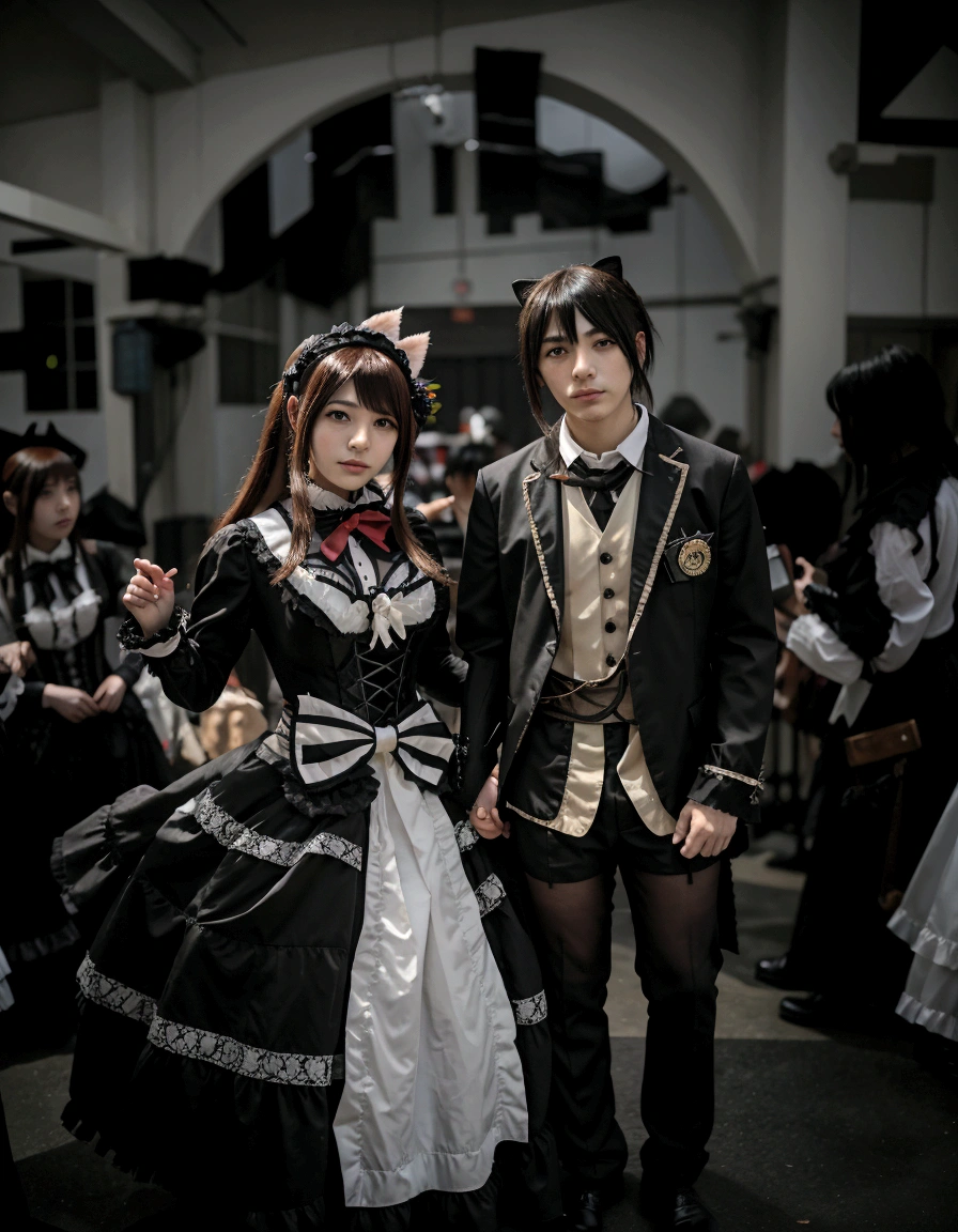  of a man and a woman dressed in costumes, anime cosplay, cosplay photo, cosplay, cosplay of a catboy! maid! dress, cosplayer, japanese gothic, both wearing victorian clothes, full-cosplay, anime convention, hot topic anime convention, victorian gothic lolita fashion, professional cosplay, loli, japanese maid cafe, animesque, date a live shido and tokisaki kurumi 