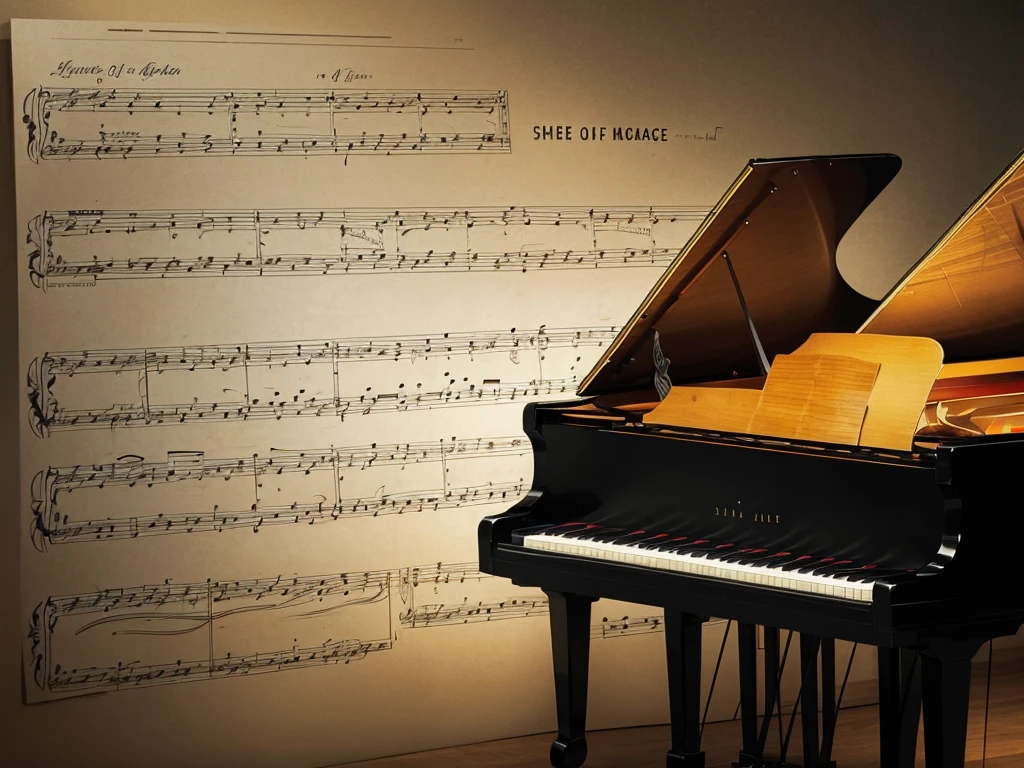 ((Magical World of Sheet Music)),Piano available,Floating notes,((Strong colors)),Mysterious and fascinating atmosphere