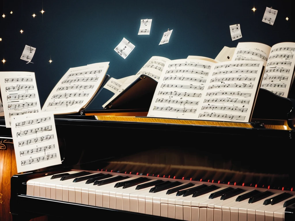 ((Magical World of Sheet Music)),Piano available,Floating notes,((Strong colors)),Mysterious and fascinating atmosphere