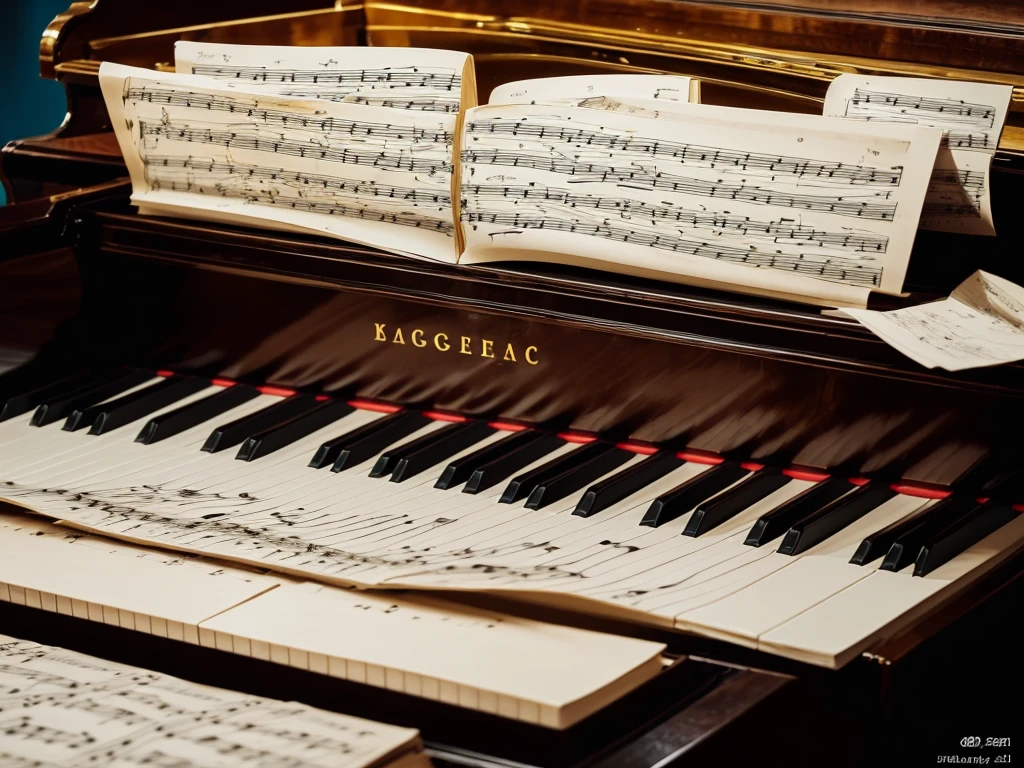 ((Magical World of Sheet Music)),Piano available,Floating notes,((Strong colors)),Mysterious and fascinating atmosphere