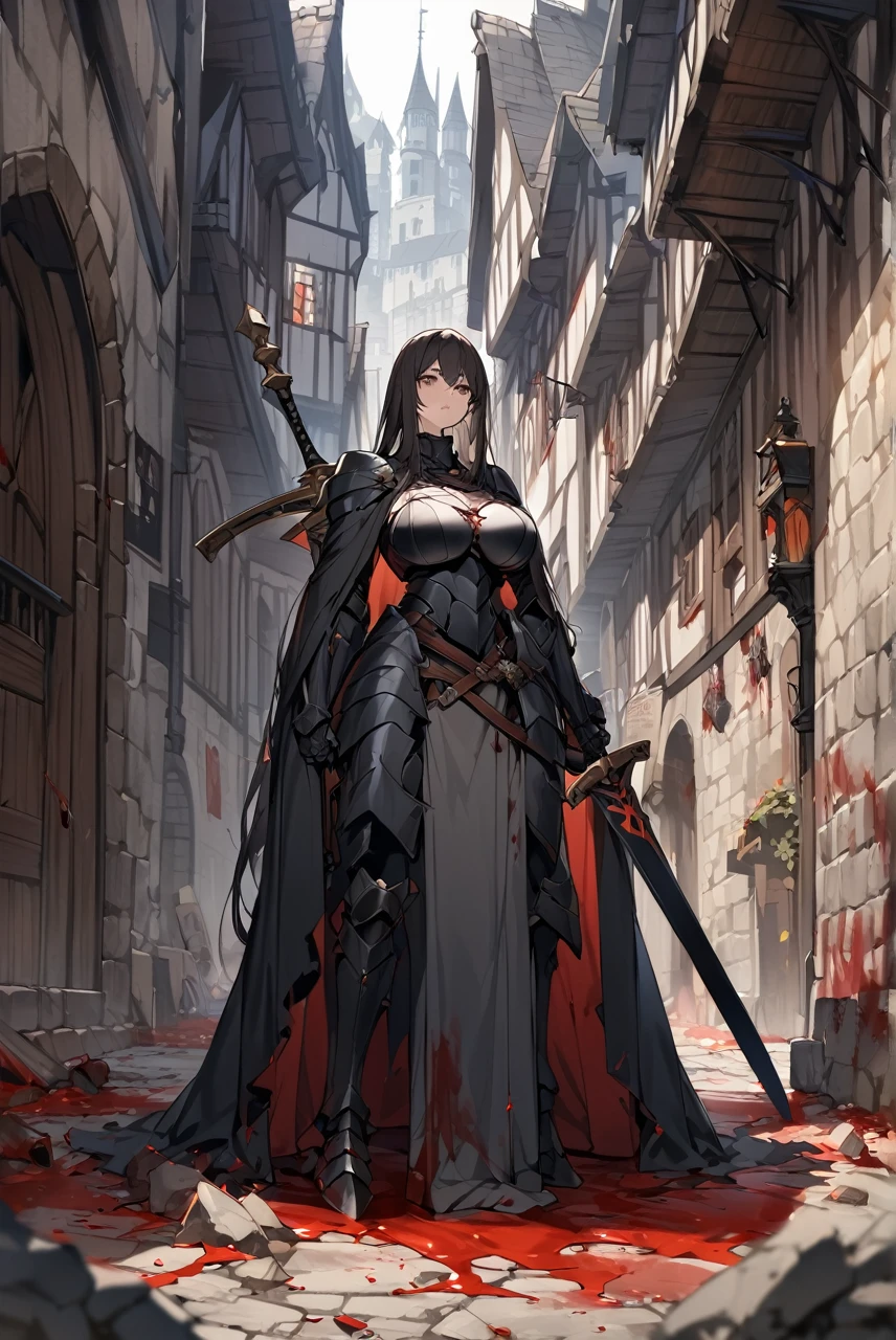 Tall brunette woman, large breasts, long black hair, wearing black mediavau armor with black cape with white background, double long sword, Medieval city background, streets full of blood, dead monsters on the ground all cut out