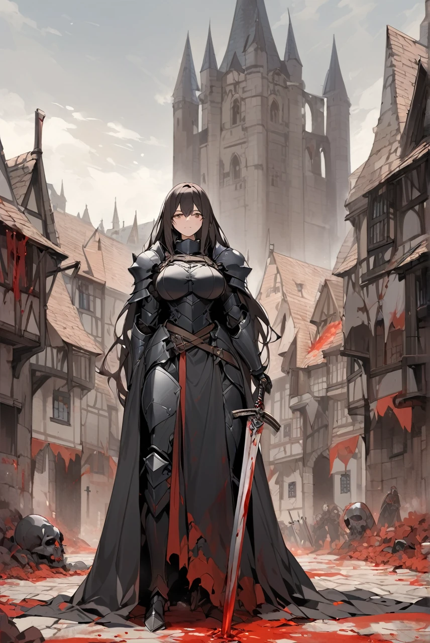 Tall brunette woman, large breasts, long black hair, wearing black mediavau armor with black cape with white background, double long sword, Medieval city background, streets full of blood, dead monsters on the ground all cut out