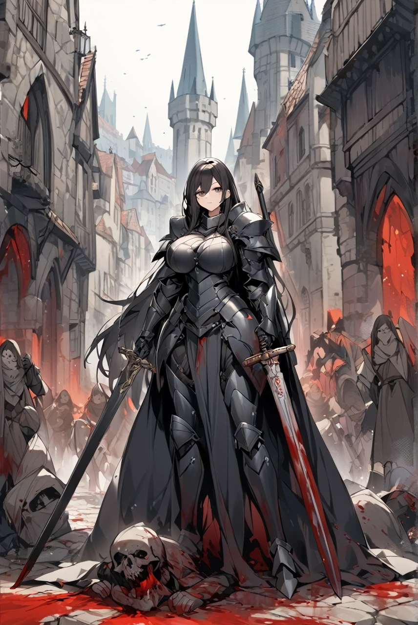 Tall brunette woman, large breasts, long black hair, wearing black mediavau armor with black cape with white background, double long sword, Medieval city background, streets ?????????????, dead monsters on the ground all cut out