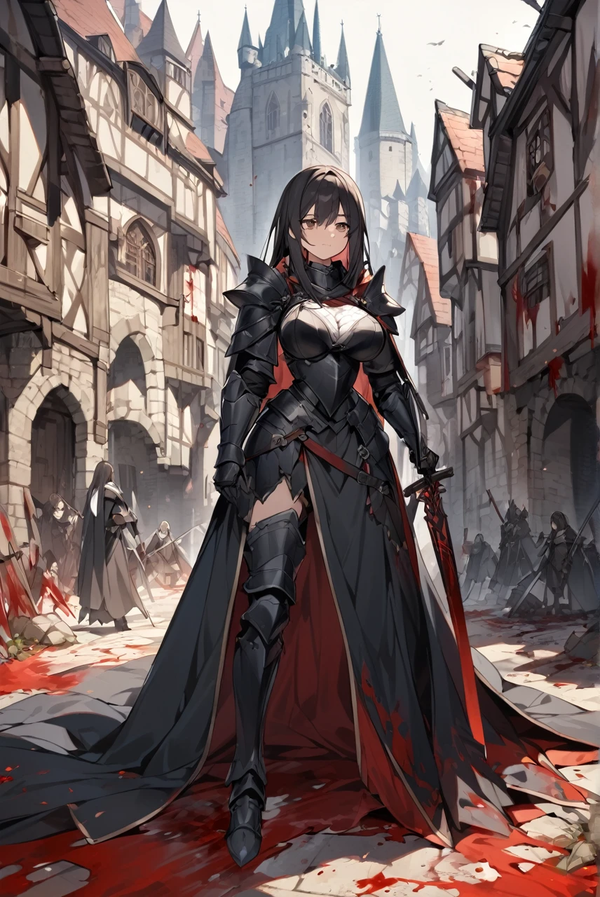 Tall brunette woman, large breasts, long black hair, wearing black mediavau armor with black cape with white background, double long sword, Medieval city background, streets full of blood, dead monsters on the ground all cut out