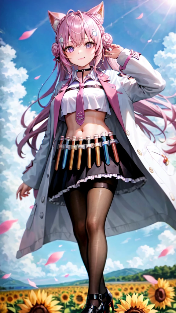 cute ,alone, Wind, smile, Lens flare, dramatic, Coastal, Flying petals, flowery Field, sun, Field, sunflower, masterpiece, long hair, hair bun, double bun, braided bun, crown braid, hexagon, choker, black choker, necktie, pink necktie, shirt, white shirt, collared shirt, crop top, crop top overhang, fingernails, nail polish, pink nails, watch, pocket watch, midriff, navel, belt, skirt, miniskirt, black skirt, pleated skirt, frills, frilled skirt, test tube, pantyhose, black pantyhose, thigh strap, shoes, black footwear, high heels, coat, labcoat, white coat, open coat, open clothes, long sleeves, sleeves past wrists, pocket