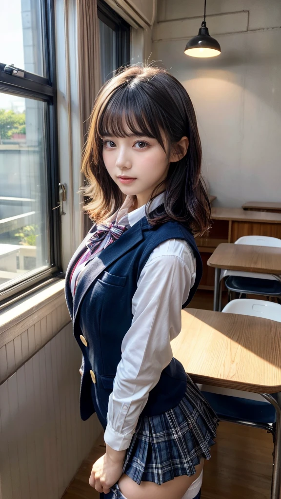 masterpiece, best quality, illustration, Super detailed, fine details, High resolution, 8K,wall paper, perfect dynamic composition,(Details High quality, realistic depiction of eyes:1.3), from side, High School Classroom、High school girl uniform、blazer 、Super Short Check Uniform Skirt、Navy blue high socks、garterbelts、Colossal tits、Disturbed uniform, short hair, (wavy hair:1.2), short bob hair, black hair color, large breasts, Big Natural Color Lip, acrobatic pose, perfect body shape, crying a little、Harajuku style、20 year old girl、cute type, beautiful legs, hposing Gravure Idol, Voluptuous thighs