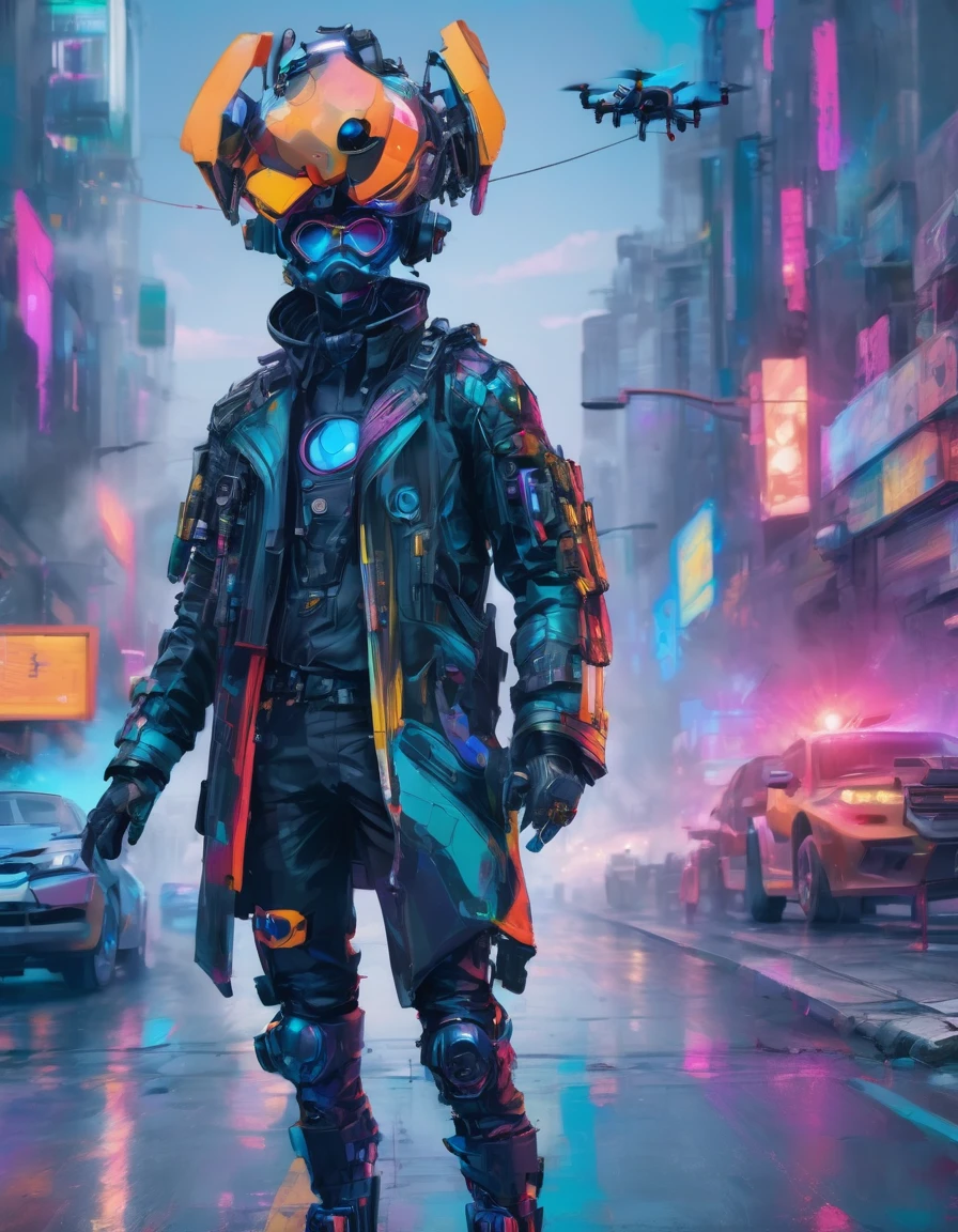 a detailed cypunk badass man ((wearing a drone monitor headpiece)), leaning against the wall pose on a futuristic street beside a traffic light , ((holding a smoke)) with a vibrant color , high clarification , refined quality , high definition , super fine detailed ,clear details in 32k resolution