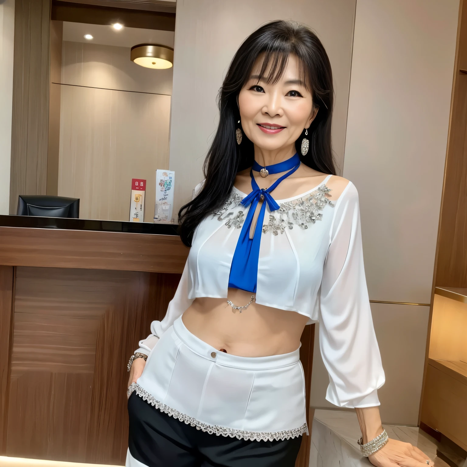 75 years old mom milf Chinese Lady large earring Big choker navel piercing decoration A bracelet Silver Hair realisitic Gorgeous Madame Beautiful Mature Woman sexy Smile Gentle woman navel piercing 4K High quality hotel lobby front desk Traveler Shorts