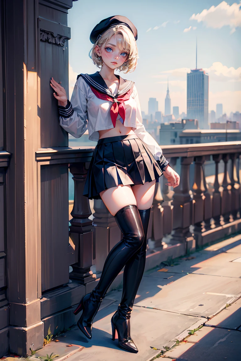Best quality, Masterpiece, white thighboots, pleated skirt, sailor uniform, beret, glasses, short hair, medium breasts, cleavage, full body, city, high heels boots, navel
