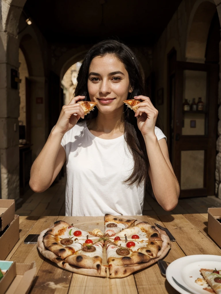 (sofiax, m0nic4, matera), a woman eating pizza, drahthaar