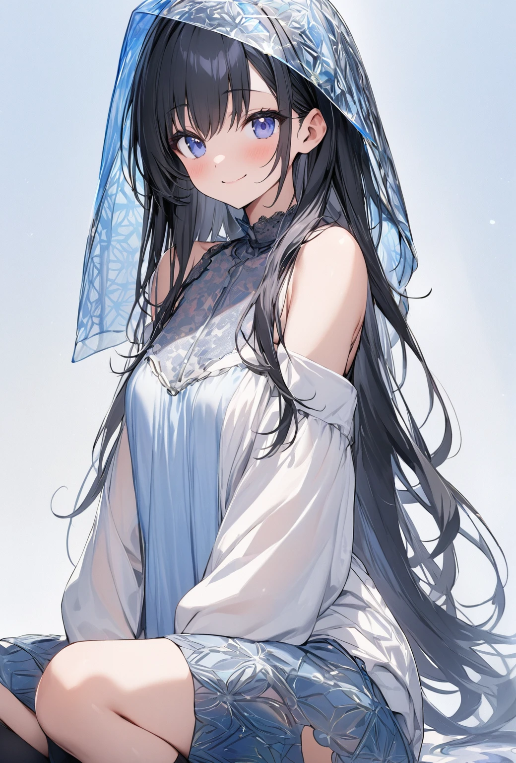 ((Highest quality)), ((masterpiece)), ((Very detailed)), (Very mature),A cute, gentle-looking woman with black hair and about 165cm tall.,A female high school student with a cute smile and small breasts wearing a transparent blue waifus with a cute patterned hood and bare shoulders, alone, Cute attitude,(background(bright),Long Hair - Straight,Knee-high socks、A transparent blue veil with a cute pattern and white hood with off-the-shoulder sleeves,White wall、Sitting、Facing the viewer、縁に模様がある壁が1面のbackground