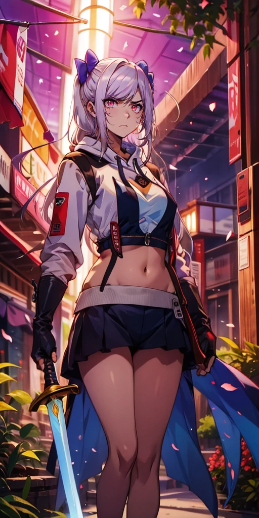 (silver hair:1.3), long hair, ribbon, twintail, red eyes, 1girl, solo, sword, holding_sword, jewelry, standing, looking_at_viewer, sakura, plants, rock, backlighting, bokeh falling petals, HD, holding_sword, breasts, cropped hoodie, black bikini, long sleeves, hollow eyes, red eyes, looking at viewer. glowing eyes, (heavy breathing:1.2), (annoyed:1.2), 