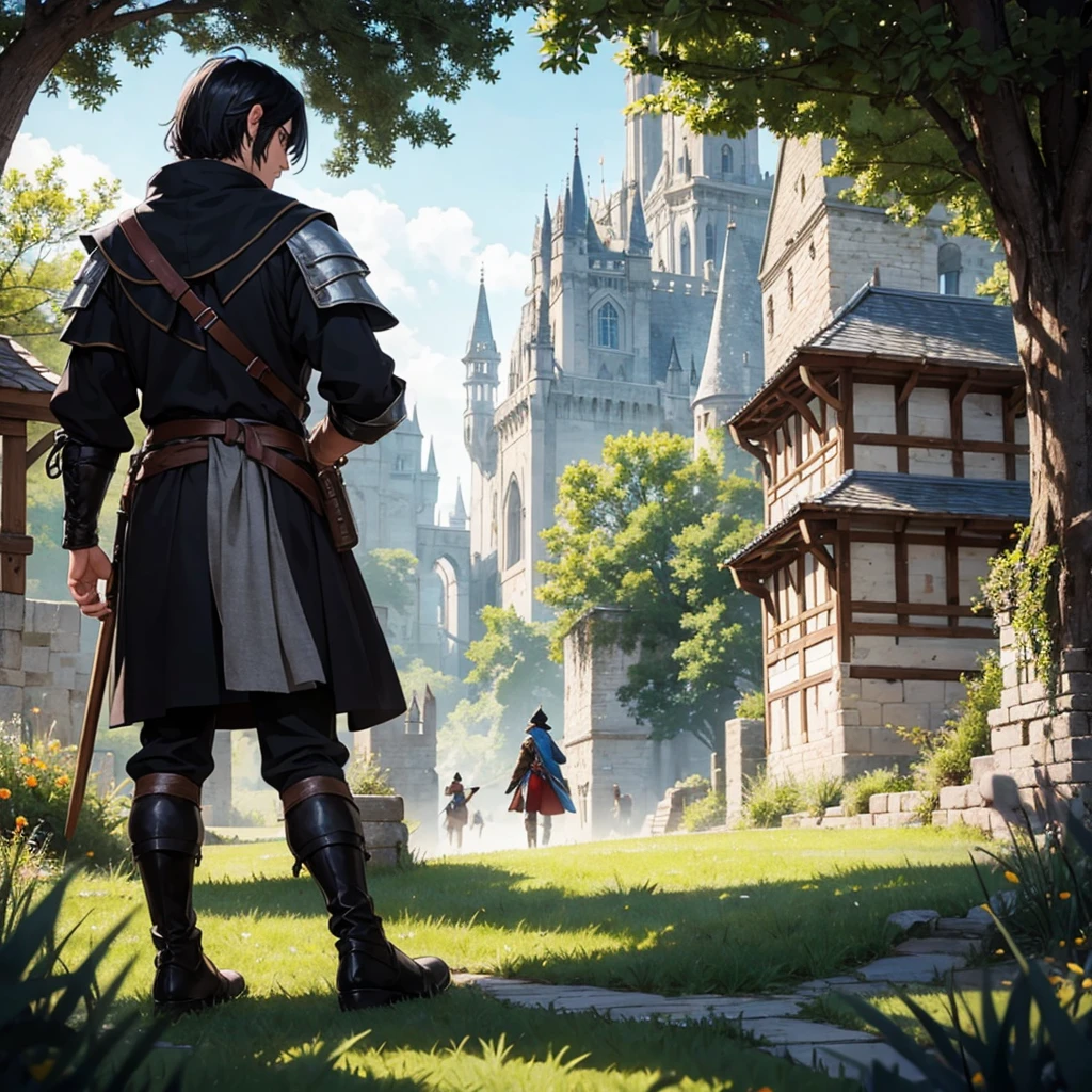 back view black hair boy with medieval farmer outfit
BREAK
fantasy magical events in the distance