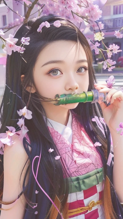 anime girl with a green bottle in her mouth and a bird on her hand, nezuko-chan, anime visual of a cute girl, soft anime illustration, nezuko, kawaii realistic portrait, artwork in the style of guweiz, digital anime illustration, clean detailed anime art, detailed fanart, insect trainer girl, marin kitagawa fanart
