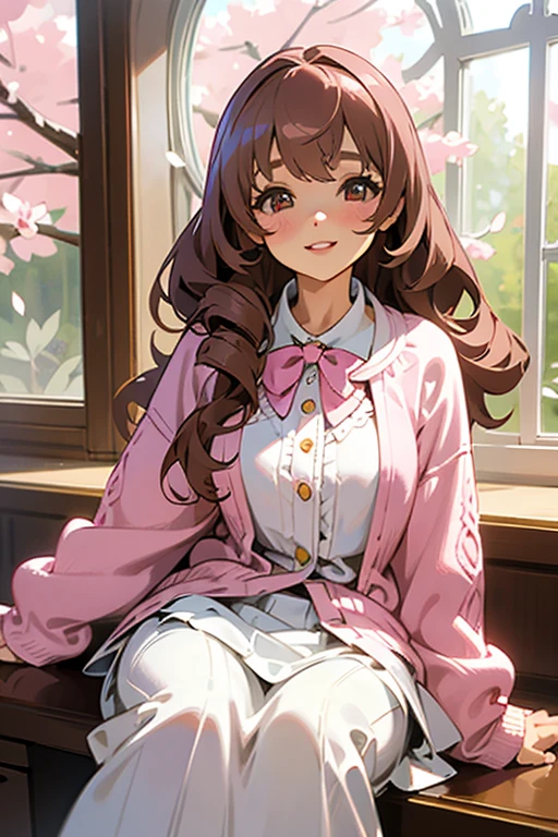 a happy girl, wearing a pink cardigan with sakura design, long brown curl hair, beautiful detailed eyes, beautiful detailed lips, extremely detailed face and eyes, sitting on a desk, white skirt, sweet expression, leaning against a glass window, midday lighting, big chest, wide grin, sexy pose
