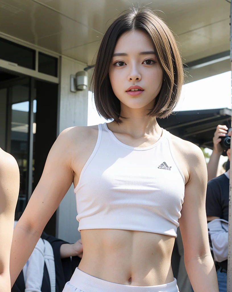 both sides, 1 Girl, Front view, Standing, Looking at the audience, Exposed skin, (From below),Brown eyes, (Blonde super short hair:1.2), (Light hair), (Medium breasts:1.4), White teeth are exposed, (lifelike:1.4), (Top image quality:1.0), (Ultra-high resolution:1.0), 8K, Original Photography, (masterpiece:0.2), track and field uniforms, Show abs, (Sweat, Wetti:1.1), porch, Face focus, whole body,(Pure face_v1:0.5), outdoor, track and field,Close-up of the upper body,Details are obvious