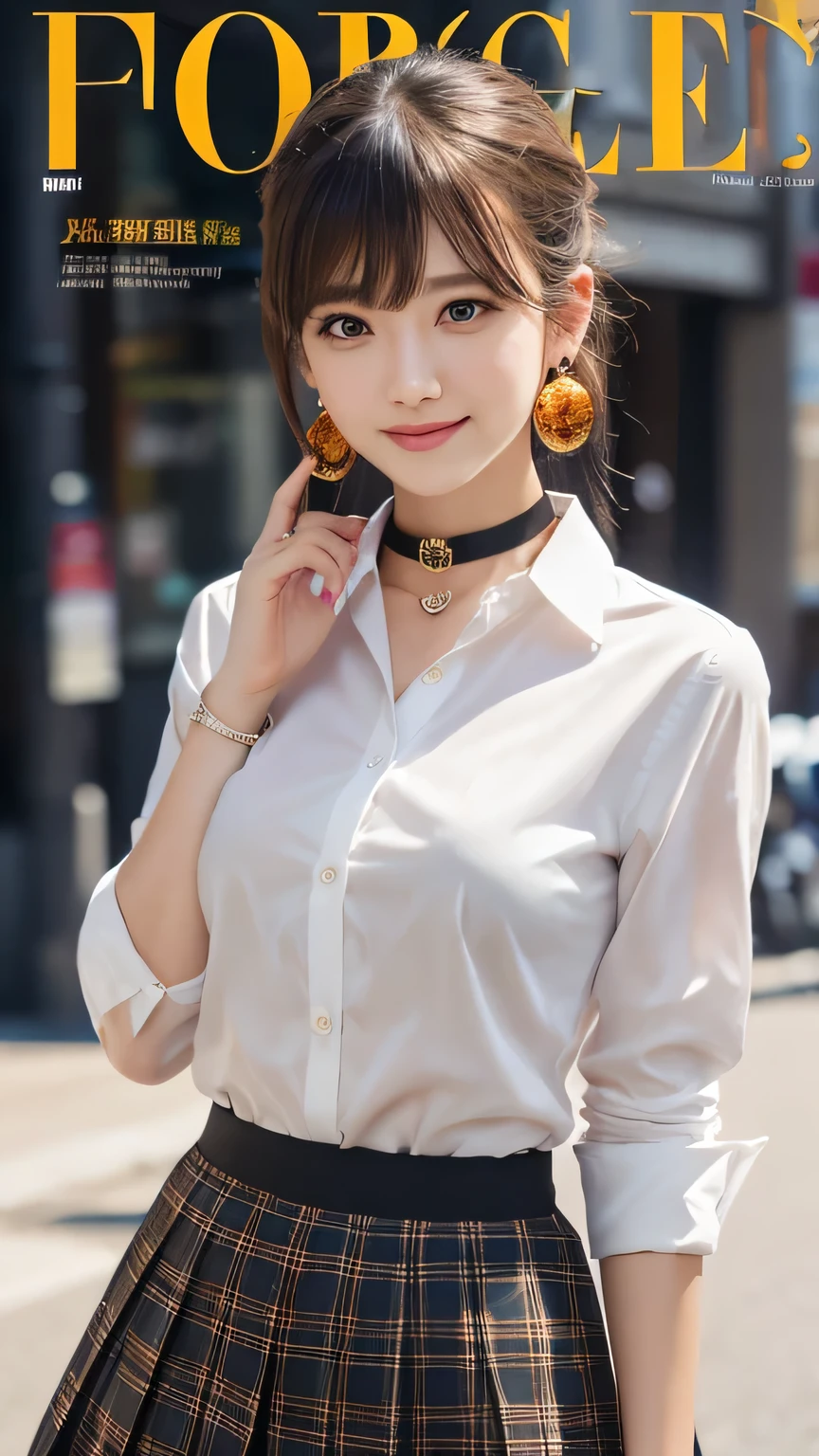 masterpiece, Highest quality, whole body, One girl, bangs, black choker, black tie, (Blonde:1.2), blue skirt, blush, bracelet, chest, choker, clothes The surrounding area waist, clavicle, collared shirt, Cowboy Shot, dress shirt, ear Earrings, Eyebrows visible through hair, Gradient Hair, Grin, Improve, jewelry, Kogal, Long Hair, View your viewers, loose tie, tie, Earrings, Plaid, Plaid skirt, pleated skirt, (amber eye:1.5), ring, , shirt, skirt, smile, alone, white shirt, street, null, cherry blossoms, petal,figure, (magazine:1.3), (cover-style:1.3), fashionable, woman, Vibrant, Costume, Pause, front, colorful, dynamic, background, element, have confidence, Performance, Holding, statement, accessories, Majestic, Coiled, The surrounding area, touch, scene, article, cover, bold, to attract attention, title, stylish, font, Catchy, Heading, big, impressive, Modern, trend, concentrated, fashion,