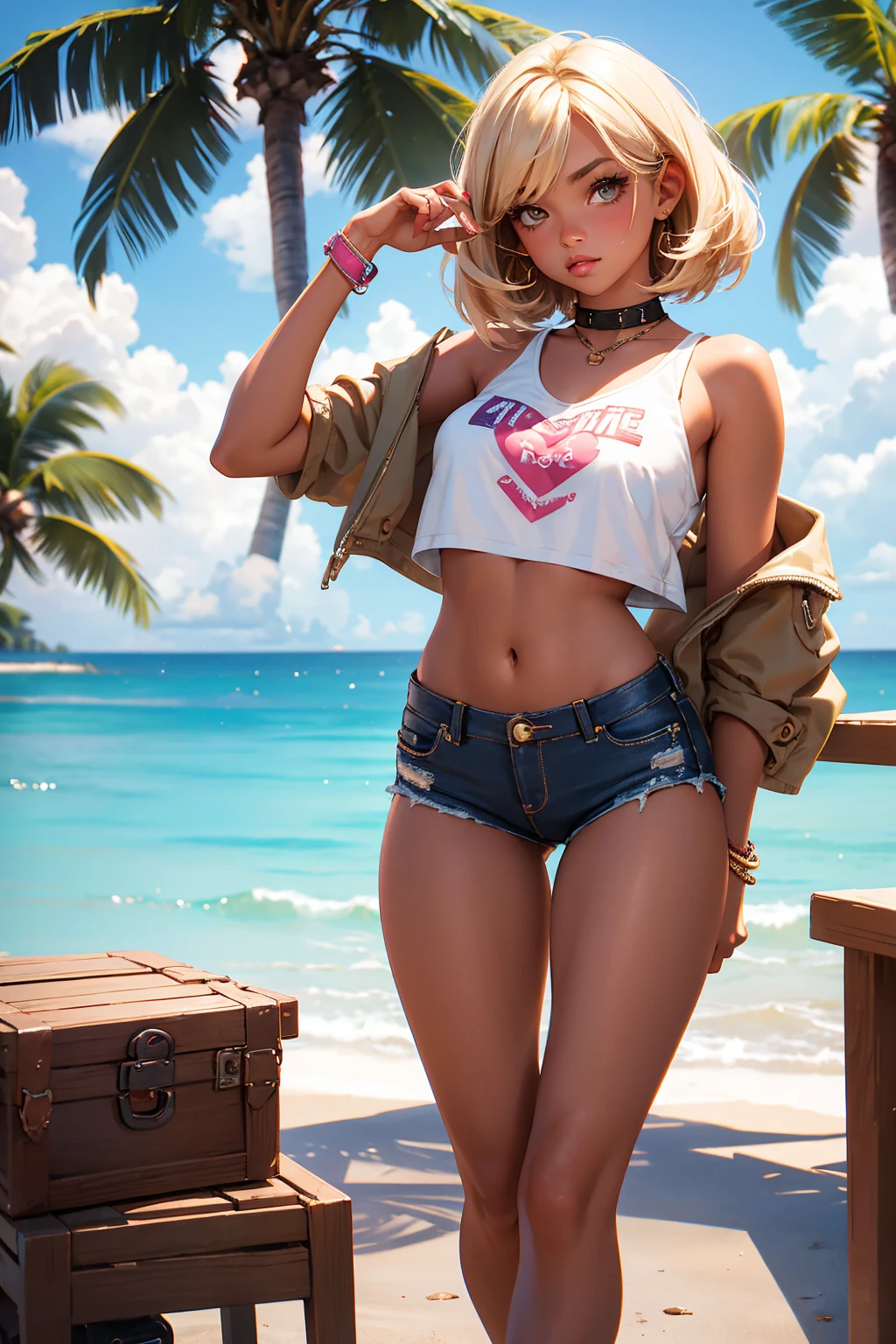 Teenage girl-model 18 years old, beautiful, tanned, blonde, bob hair, bangs, brown eyes, beautiful figure, girl wearing crop shirt and too short mini shorts, beautiful long legs, slave bracelets, slave choker, manicure, cute makeup, flirtatiously posing, hot summer, hot flirty, sexy posing, summer outfit, top quality, higest quality, pin-up style, retro 80s style, Daisy Dukes style, slave girl, Miami vibes