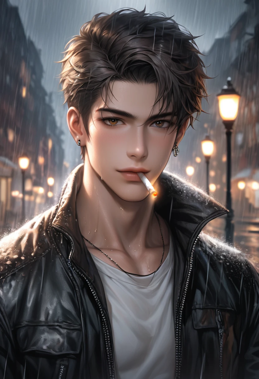 High definition, high quality illustrations. A handsome boy is drenched in the heavy rain. A cool expression with a cigarette in his mouth. The background is a dark night with heavy rain, and the light from the street lamps is blurred.