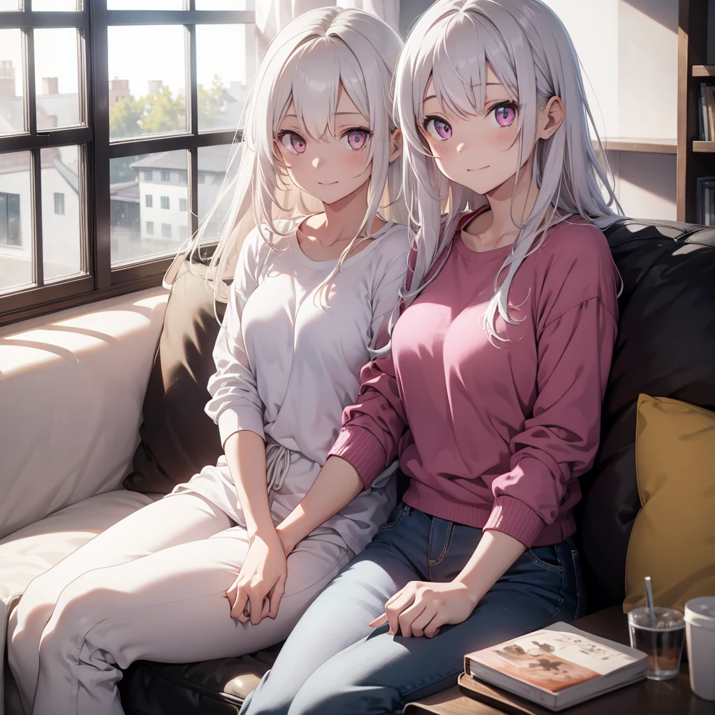 1 guy and 1 girl sitting on the sofa, 
[guy: ((white hair)), (yellow eyes), white shirt, white jogging pants, slim, well detailed smartphone, (holding a smartphone), smiling]
[girl: ((pink long hair)), (pink eyes), (pink shirt), jeans, holding a green book, engrossed on the book,

BREAK
(masterpiece), top quality, best quality, expressive eyes, perfect face, well detailed hands, perfect fingers, anime, extremely detailed fingers, ((perfect anatomy)), expressive eyes, 

BREAK
((modern house design)), decorations, (modern living room), sunlight lighten the room, window with opened curtains, full body,  