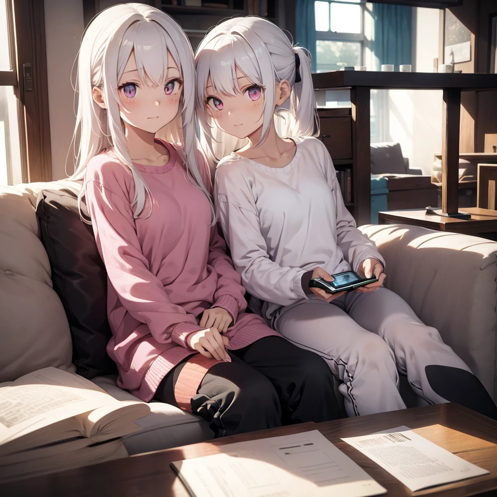 1 guy and 1 girl sitting on the sofa, 
[guy: ((white hair)), (yellow eyes), white shirt, white jogging pants, slim, well detailed smartphone, (holding a smartphone), smiling]
[girl: ((pink long hair)), (pink eyes), (pink shirt), jeans, holding a green book, engrossed on the book,

BREAK
(masterpiece), top quality, best quality, expressive eyes, perfect face, well detailed hands, perfect fingers, anime, extremely detailed fingers, ((perfect anatomy)), expressive eyes, 

BREAK
((modern house design)), decorations, (modern living room), sunlight lighten the room, window with opened curtains, full body,  