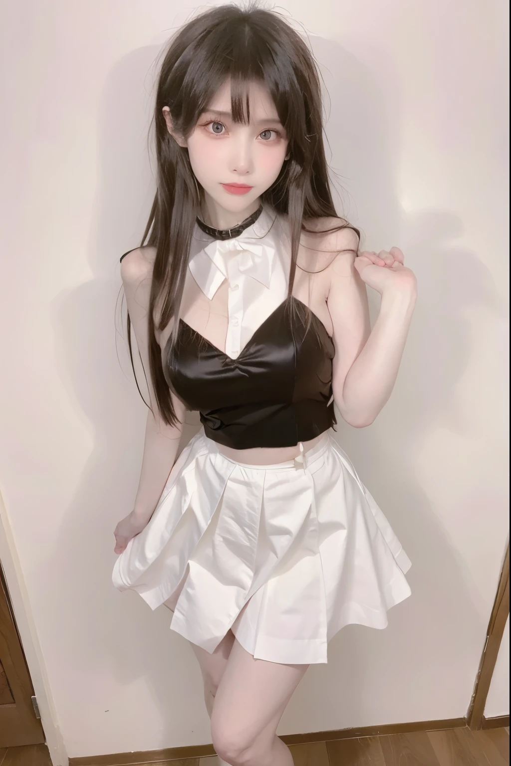 Beautiful woman with perfect body：1.4，Layered Hairstyle，Highly detailed face and skin textures，Double eyelids，Skin Whitening，Long hair，Whitened long legs，（Uniforms，Super short pleated skirt，Collar），Standing by the sea