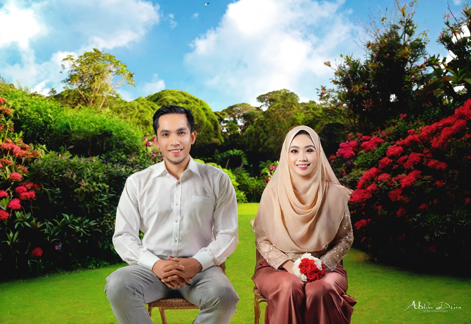 there are two people sitting on a chair in a garden, full protrait, couple portrait, couples portrait, couple, potrait, happy couple, portrait picture, wedding photo, protrait, photo portrait, backdrop, in garden, picture portrait, by Abidin Dino, lovely couple, profesional photography, in a scenic background, realistic portrait photo