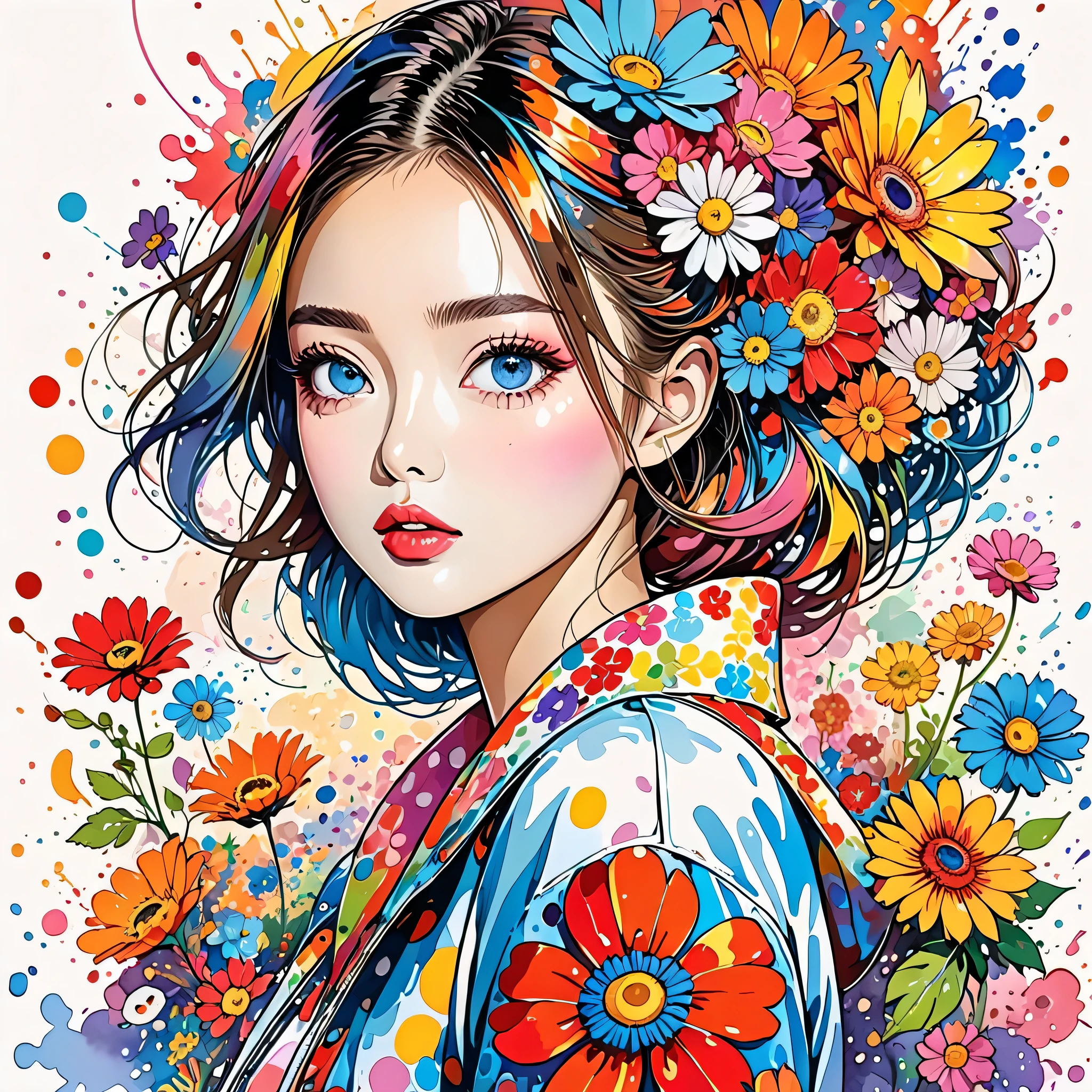 Takashi Murakami Style、(((stylish fashion))), 8K Quality、Intense watercolor, Detailed watercolor art, Watercolor splash, Surreal, avant-garde pop art, Beautiful and expressive paintings, Beautiful artwork illustration, Very colorful tones, wonderful, Cool beauty, highest quality、Official Art, Vector art, Stylish design, (((The most beautiful girl))), (((highest quality))), HDR, ((detailed)), (((Doodle Art)), ((masterpiece)), ((Super detailed)), (((Colorful flowers))),(((Stylish))),