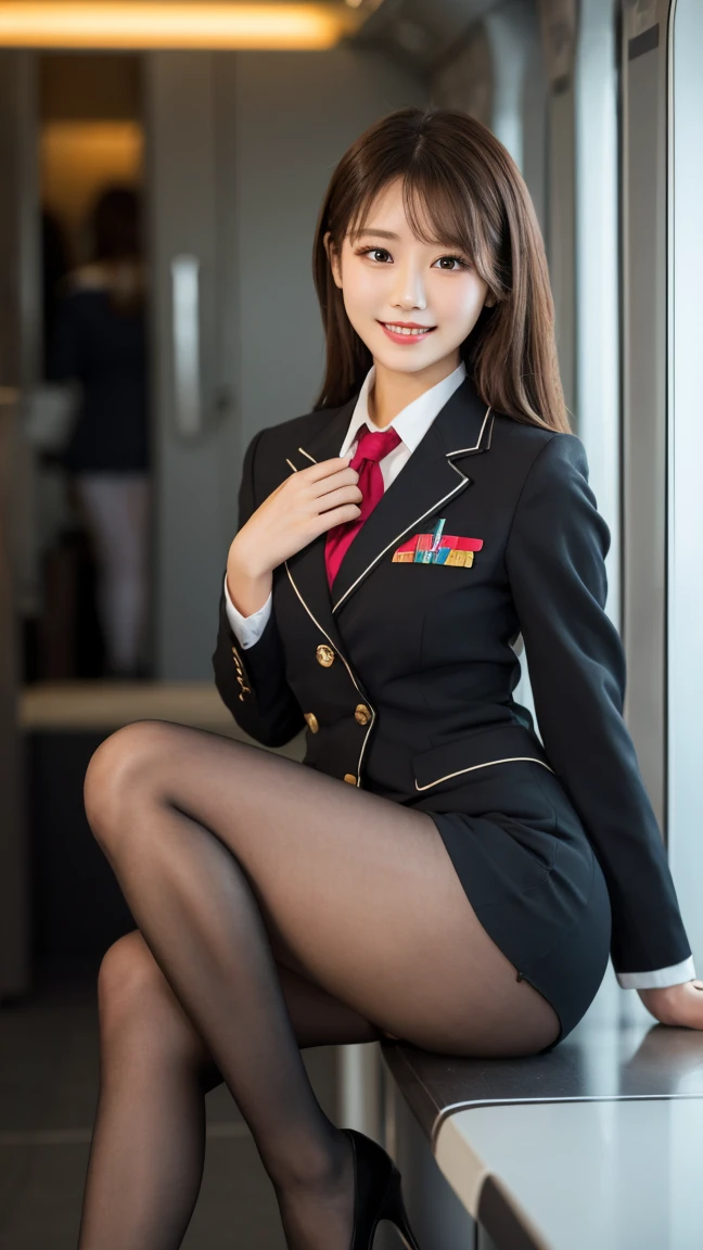 highest quality、table top、8k、best image quality、Award-winning work)、one beautiful woman、radiant beautiful skin , masterpiece、top-quality、The ultra -The high-definition、depth of fields、lens flare 1 girl、、brown hair、watching at viewers glares, f cup breasts , stewardess uniform, (light brown and black stewardess blazer), black short skirt, (black ysl high heels), perfect legs, model pose , smiling , flight cabin , pantyhose