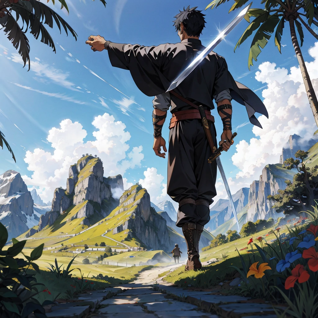 back view black haired boy with medieval farmer outfit, walking in the tropical mountain with sword