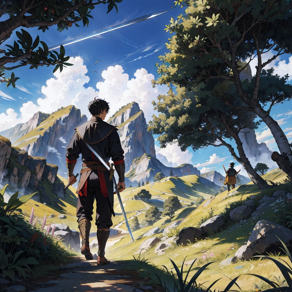 back view black haired boy with medieval farmer outfit, walking in the tropical mountain with sword