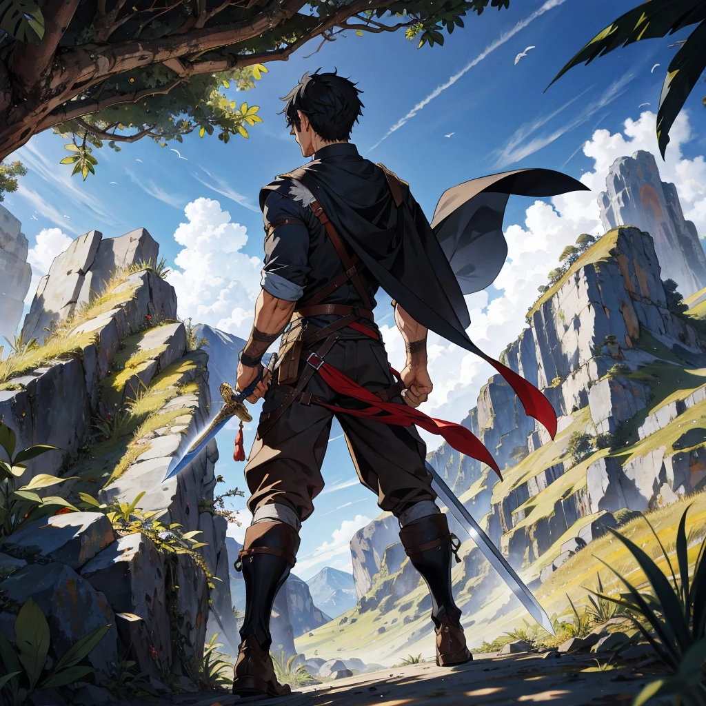 back view black haired boy with medieval farmer outfit, walking in the tropical mountain with sword
