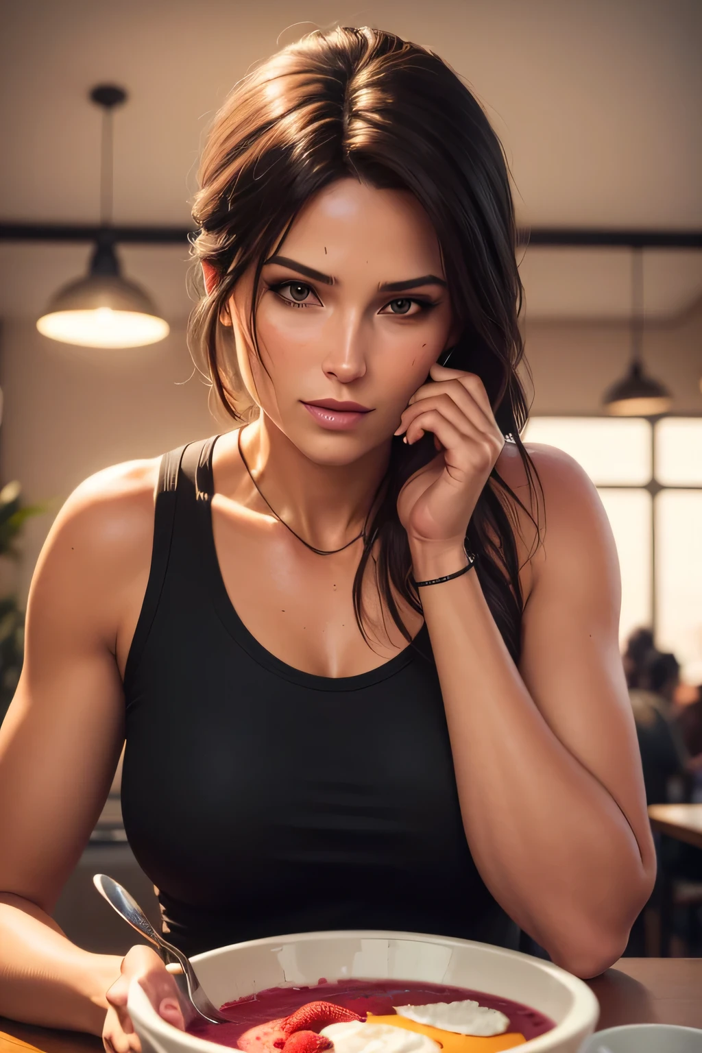 Lara Croft eating a smoothie bowl as breakfast in a cafe, wearing casual clothes, DLSR, black clothes, sharp focus, soft lighting, photorealistic, masterpiece, perfect face, ultra detailed face, beautiful brown eyes, beautiful face, perfect anatomy, 8k, masterpiece, ultra detailed
