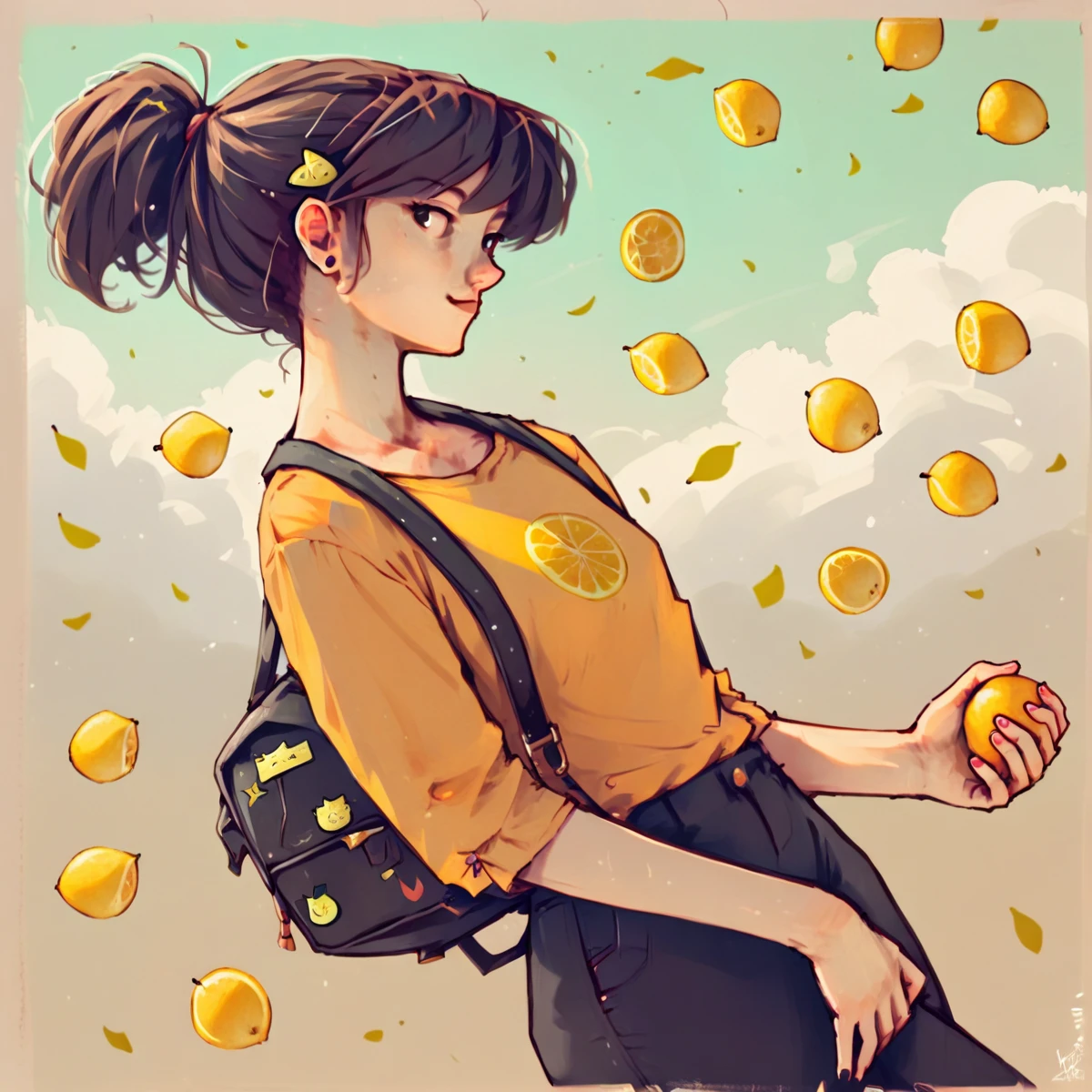 1girl, posing, micro bangs hair, style based on lemon, lemons floating in the air, score_9, score_8_up, score_7_up, score_6_up, score_5_up, score_4_up, rating_sfw, rating_acceptable, anime theme, sunny, (Masterpiece:1.3) (best quality:1.2) (high quality:1.1), sfw
