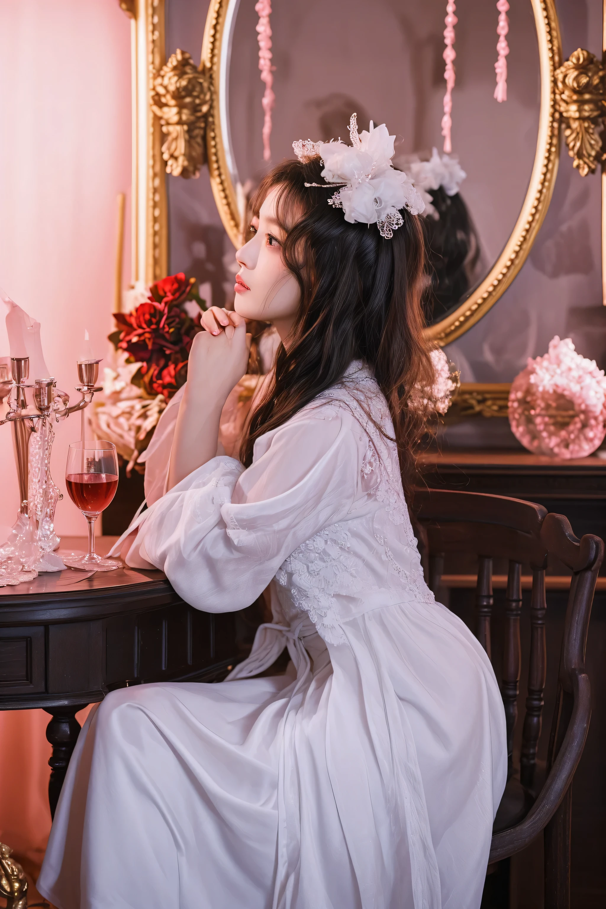 araffe woman in a white dress sitting at a table with a mirror, dreamy atmosphere and drama, gorgeous aristocrat robe, wearing a nightgown, ((wearing aristocrat robe)), palace ， a girl in hanfu, white hanfu, ethereal fairytale, ethereal and dreamy, wearing white silk robe, rococo queen, in victorian aristocrat, dreamy and ethereal