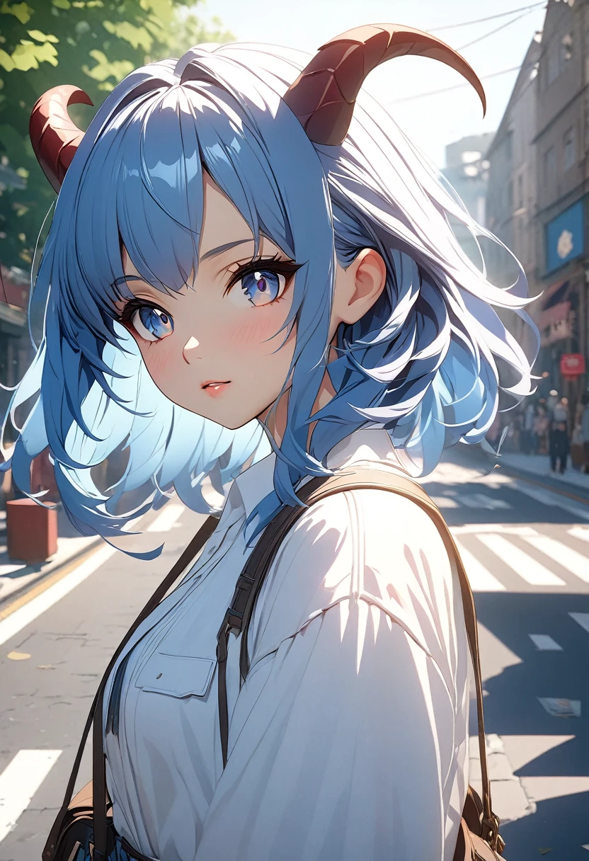 Anime girl with blue hair and horns on the street, 3D real anime, 2. 5d cgi anime fantasy artwork, Anime Style 3d, Anime Style. 8K, 4k Anime Style, 3D style realistic anime, deviantart artstation cgscosiety, Digital anime art, guweiz style art, detailed Digital anime art, White shirt, Dragon Wing