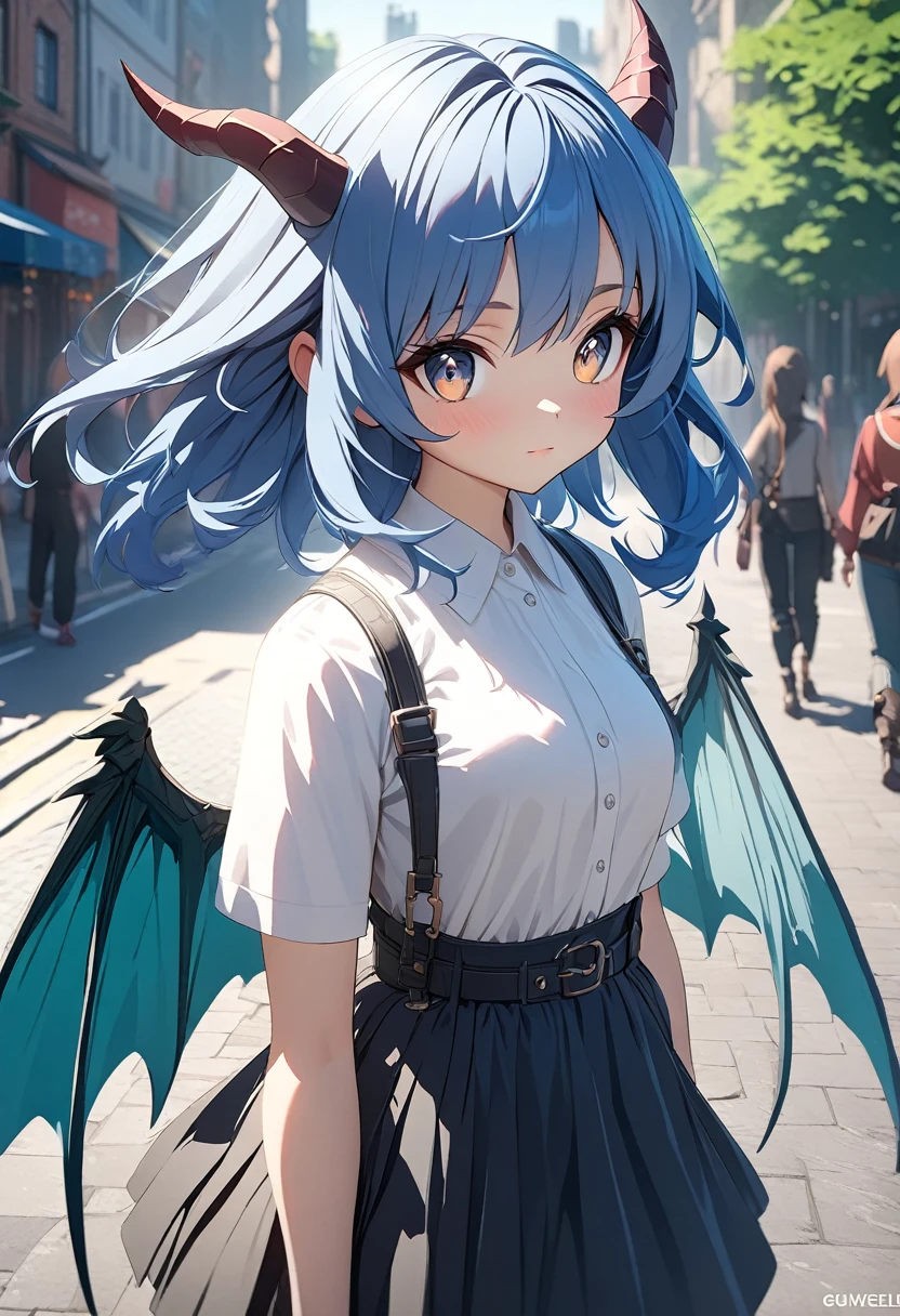 Anime girl with blue hair and horns on the street, 3D real anime, 2. 5d cgi anime fantasy artwork, Anime Style 3d, Anime Style. 8K, 4k Anime Style, 3D style realistic anime, deviantart artstation cgscosiety, Digital anime art, guweiz style art, detailed Digital anime art, White shirt, Dragon Wing