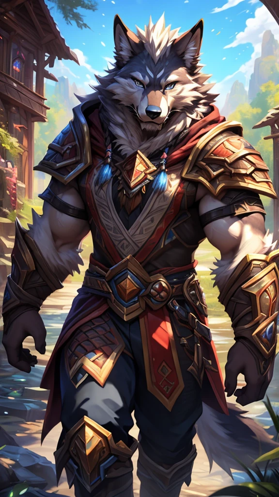 4K, ,8K, high resolution, best quality, Perfect color, Perfect shadow, Perfect lighting, Posted on e621 (Chunie Art Style), there is a man of a Wolf dressed in costumes and holding a arms, arms, Furry Art!!!, pov Furry Art, Detailed fan art, Official Fanart, high quality fanart, World of Warcraft同人画, fursona Furry Art commission, very very beautiful Furry Art, Furry Paws POV Art, Furry Fantasy Art, Furry Art, Furry anime, high resolution佣金, fursona art, Anime Characters, Epic anime style, Anime Wallpaper, Detailed key animation art, Strong, Full body portrait, panoramic, (Realistic eye details: 1:2), High Detail, high quality, The award-winning, HD, 16K, (best quality,4K,8K,high resolution,masterpiece:1.2),Extremely detailed,Practical:1.37,HDR,UHD,Studio Lighting,Extremely detailed的描述,professional,Bright colors,Bokeh,Active atmosphere, Natural Lighting，Reference Blizzard Games《World of Warcraft》Genn Greymane