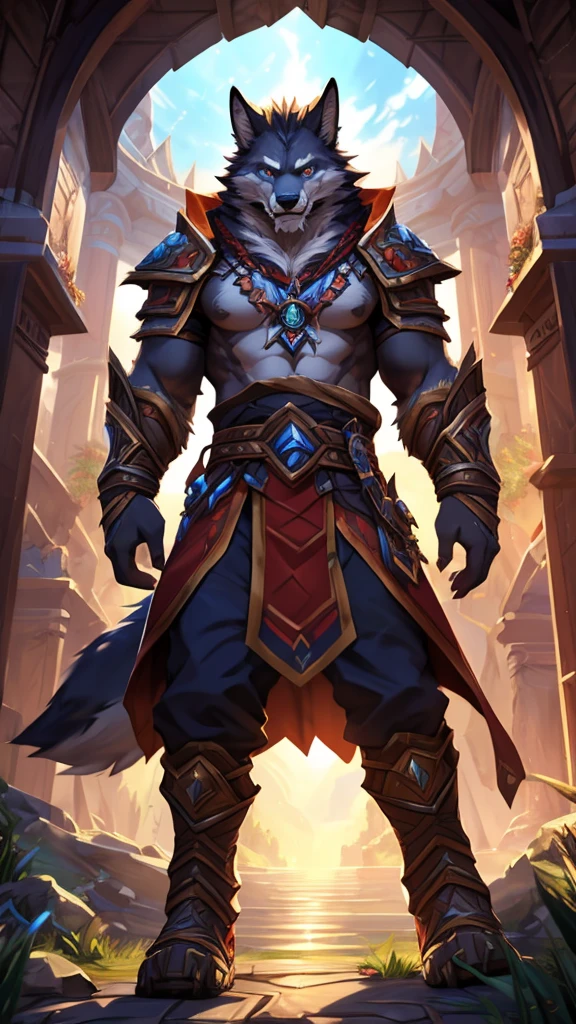 4K, ,8K, high resolution, best quality, Perfect color, Perfect shadow, Perfect lighting, Posted on e621 (Chunie Art Style), there is a man of a Wolf dressed in costumes and holding a arms, arms, Furry Art!!!, pov Furry Art, Detailed fan art, Official Fanart, high quality fanart, World of Warcraft同人画, fursona Furry Art commission, very very beautiful Furry Art, Furry Paws POV Art, Furry Fantasy Art, Furry Art, Furry anime, high resolution佣金, fursona art, Anime Characters, Epic anime style, Anime Wallpaper, Detailed key animation art, Strong, Full body portrait, panoramic, (Realistic eye details: 1:2), High Detail, high quality, The award-winning, HD, 16K, (best quality,4K,8K,high resolution,masterpiece:1.2),Extremely detailed,Practical:1.37,HDR,UHD,Studio Lighting,Extremely detailed的描述,professional,Bright colors,Bokeh,Active atmosphere, Natural Lighting,Reference Blizzard Games《World of Warcraft》Genn Greymane