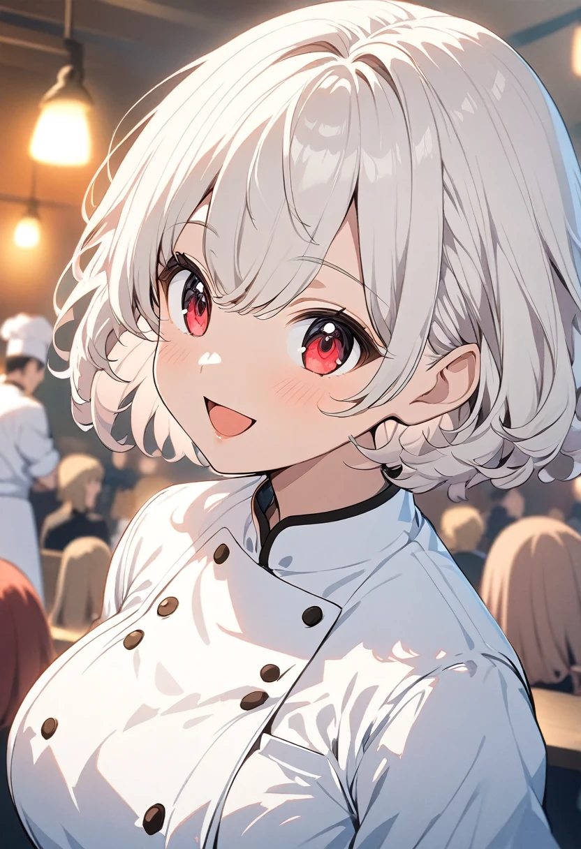 Alice, Anime art style, One girl, 一人in, chest, Looking_in_Audience, smile, short_hair, Open_mouth, big_chest, red_eye, hair_between_eye, upper_body, white_hair, :D, Blurred, chef