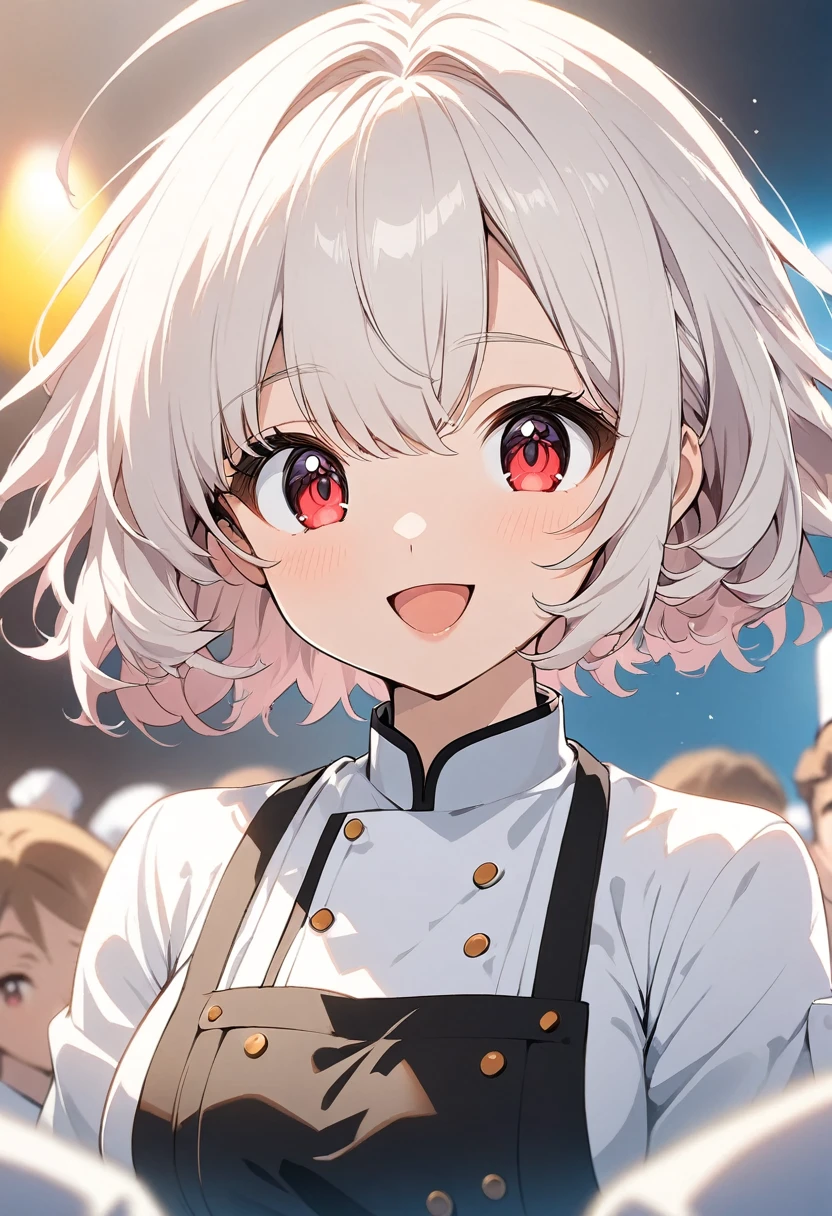 Alice, Anime art style, One girl, 一人in, chest, Looking_in_Audience, smile, short_hair, Open_mouth, big_chest, red_eye, hair_between_eye, upper_body, white_hair, :D, Blurred, chef