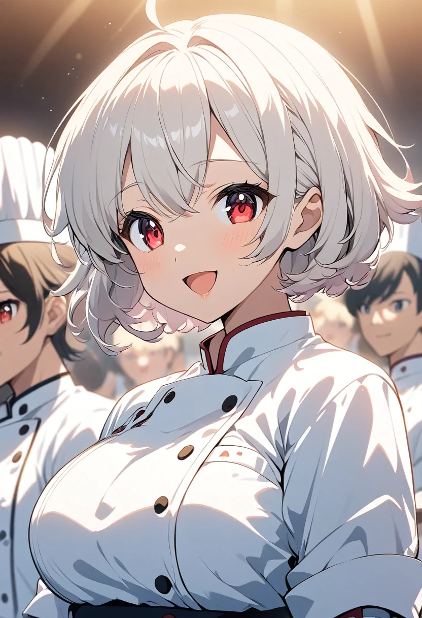 Alice, Anime art style, One girl, 一人in, chest, Looking_in_Audience, smile, short_hair, Open_mouth, big_chest, red_eye, hair_between_eye, upper_body, white_hair, :D, Blurred, chef
