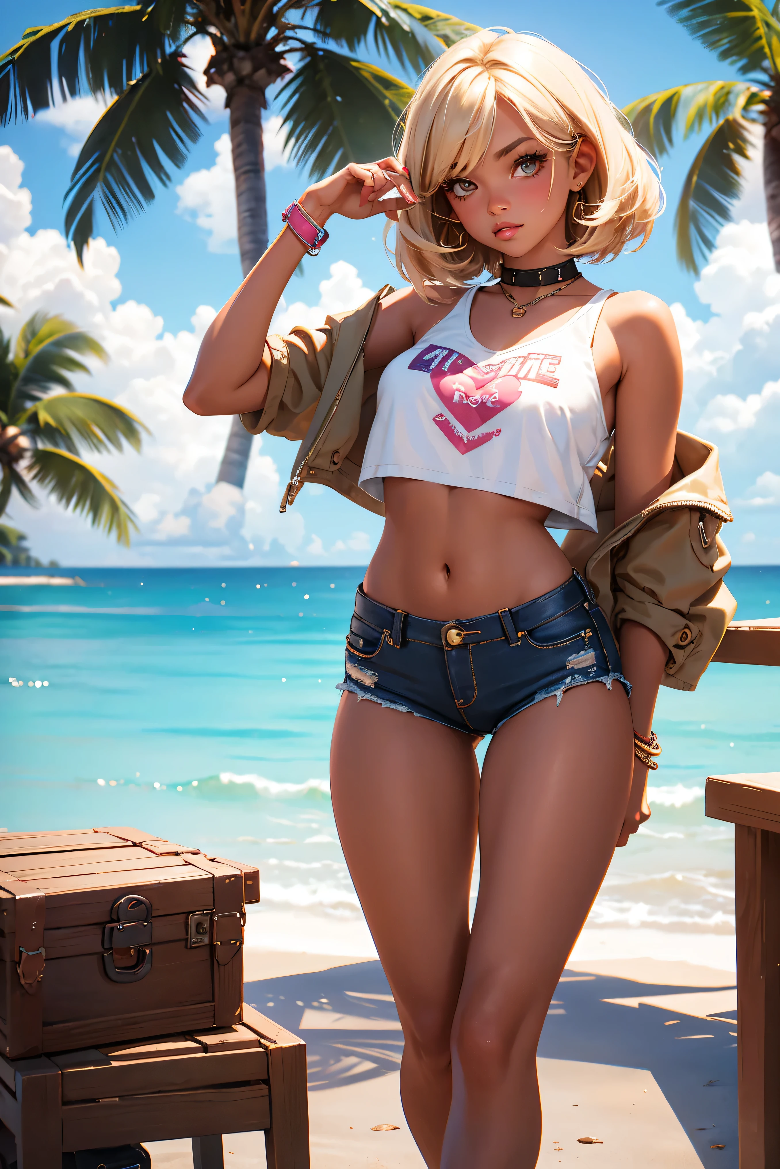 Teenage girl-model 18 years old, beautiful, tanned, blonde, bob hair, bangs, brown eyes, beautiful figure, girl wearing crop shirt and too short mini shorts, beautiful long legs, slave bracelets, slave choker, manicure, cute makeup, flirtatiously posing, hot summer, hot flirty, sexy posing, summer outfit, top quality, higest quality, pin-up style, retro 80s style, Daisy Dukes style, slave girl, Miami vibes