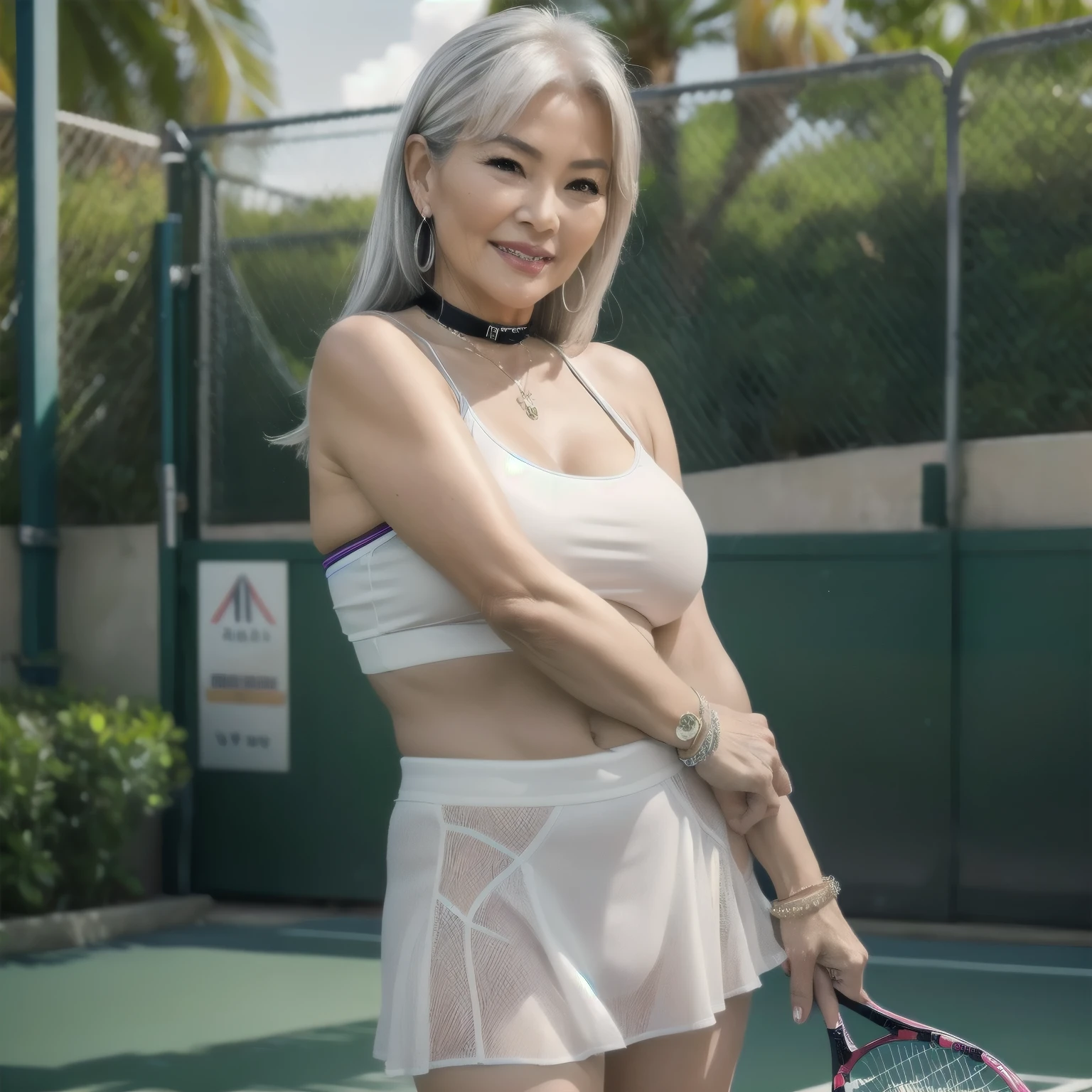 75 years old mom Korean, Lady large earring Big choker navel piercing decoration A bracelet Silver Hair realisitic Gorgeous Madame Beautiful Matuan sexy Smilentle woman navel piercing 4K High quality tennis wear Tennis School student coach Gorgeous Madame Beautiful Mature Woman