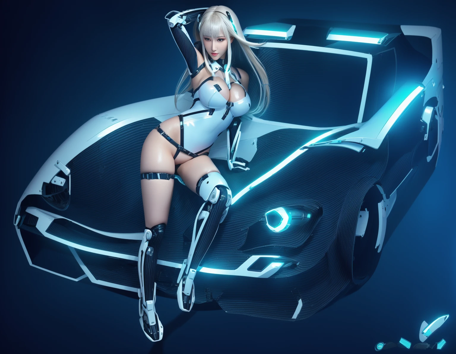 Super Detail, High Detail, high quality, best quality, High resolution,Beautiful female robot,beautiful clear face(Rain waves_haneame:1.5), Mechanical body(Perfect body curve),Mechanical body structure,Full body tights(high-tech style),Streamlined mechanical armor (Relatively thick,Highlight breast curves),Technology Antenna Hair Accessories,Sexy big , Mechanically constructed breasts,